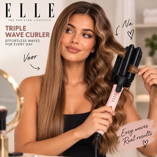ELLE Triple Wave Curler – 3-Barrel Golfkrultang – Beach Waves – Keramische Coating – 3 Warmtestanden – Inclusief Gratis Ronde Volume Borstel