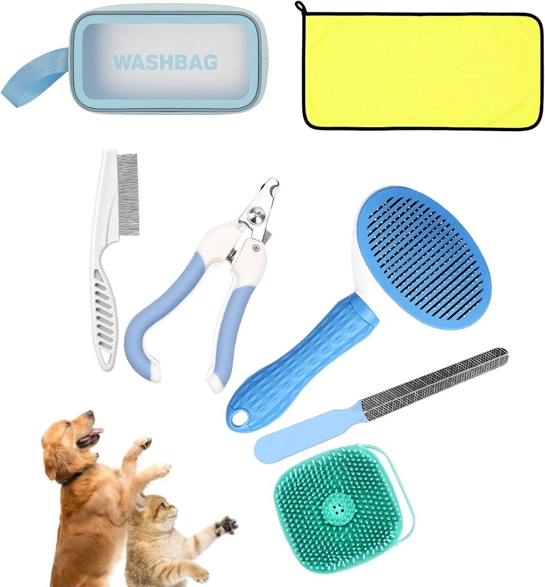 7-in-1 huisdierverzorgingsset voor honden en katten, professionele vachtverzorgingsset met massageborstel, ondervacht-ontviltingskam, vlooienkam, nagelknipper met vijl, badhanddoek, opbergtas