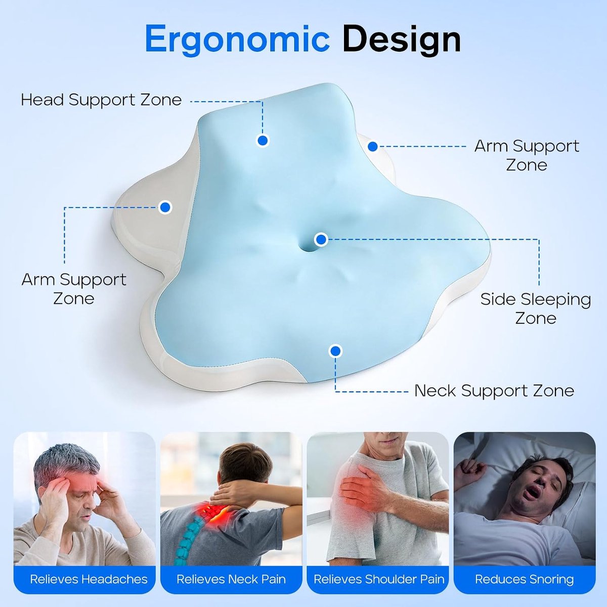 nekkussen met traagschuim, 4-in-1 wigkussen voor bed, orthopedische ondersteuning met 2 zones voor zijslapers, rug en mond, blauw-wit