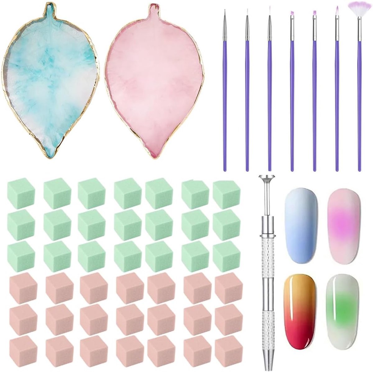 100 stuks sponzen voor nageldecoratie met pincet + 7 veren voor nagelkunst + 2 stuks nagellakpalet van hars voor gelnagels en professionele manicure