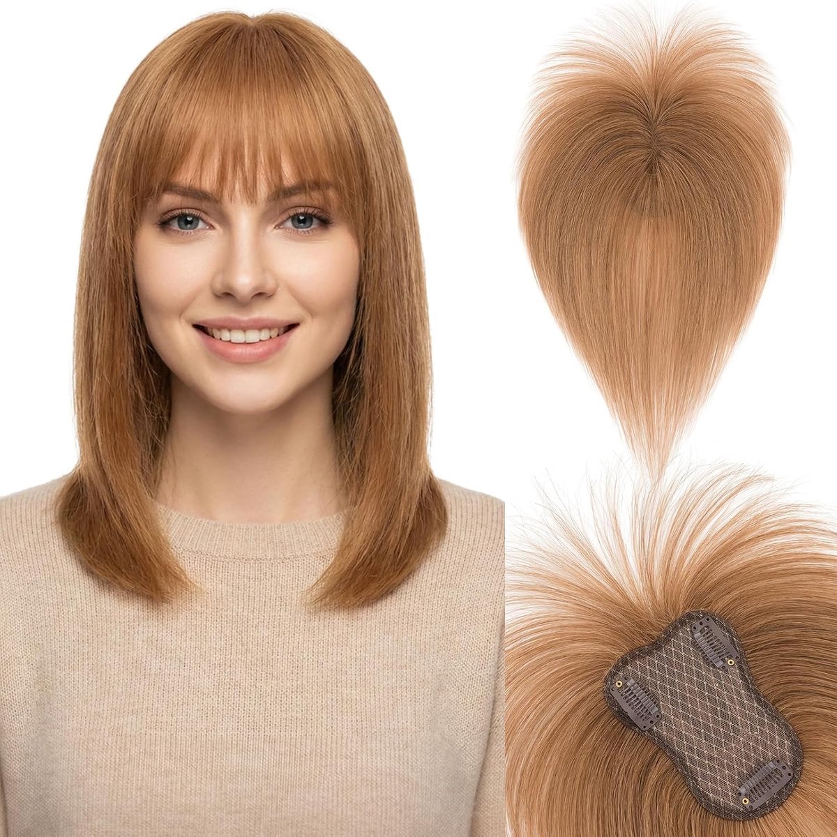 Echt Haar met Pony, 20g Clip-in Remy Echt Haar Topper, Menselijk Haartje Topper voor Dames, 25CM Menselijk Haartje met 8x11CM Kant Basis, Licht Bruin #6R