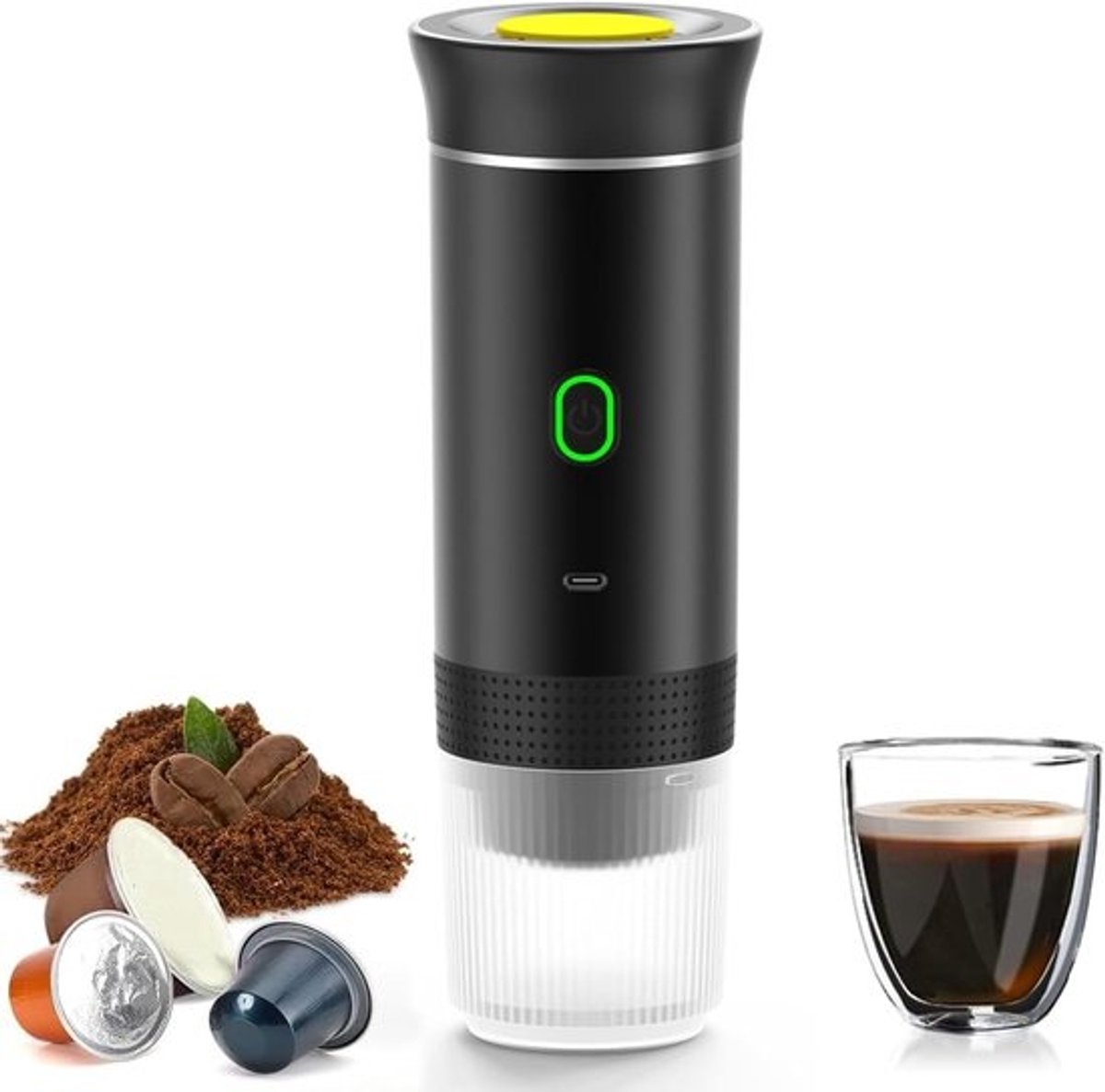 Draagbaar Koffiezetapparaat - 60ml - Capsule Koffie - 12V 6A 72W - Gemalen Koffie - Oplaadbaar - Cups - Auto en Camping - Snelle Verwarming voor Kantoor, Reizen, Camping, Thuis - Zwart