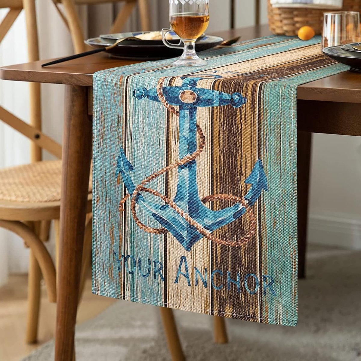 Tafelloper Modern Oceaan Anker Woonkamer Lente Groen Blauw Grijs Blauwgroen Planken Schuur Loper Tafelloper Linnen voor Eettafel Party Bruiloft Keuken Tafel Decoratie 33 x 183 cm