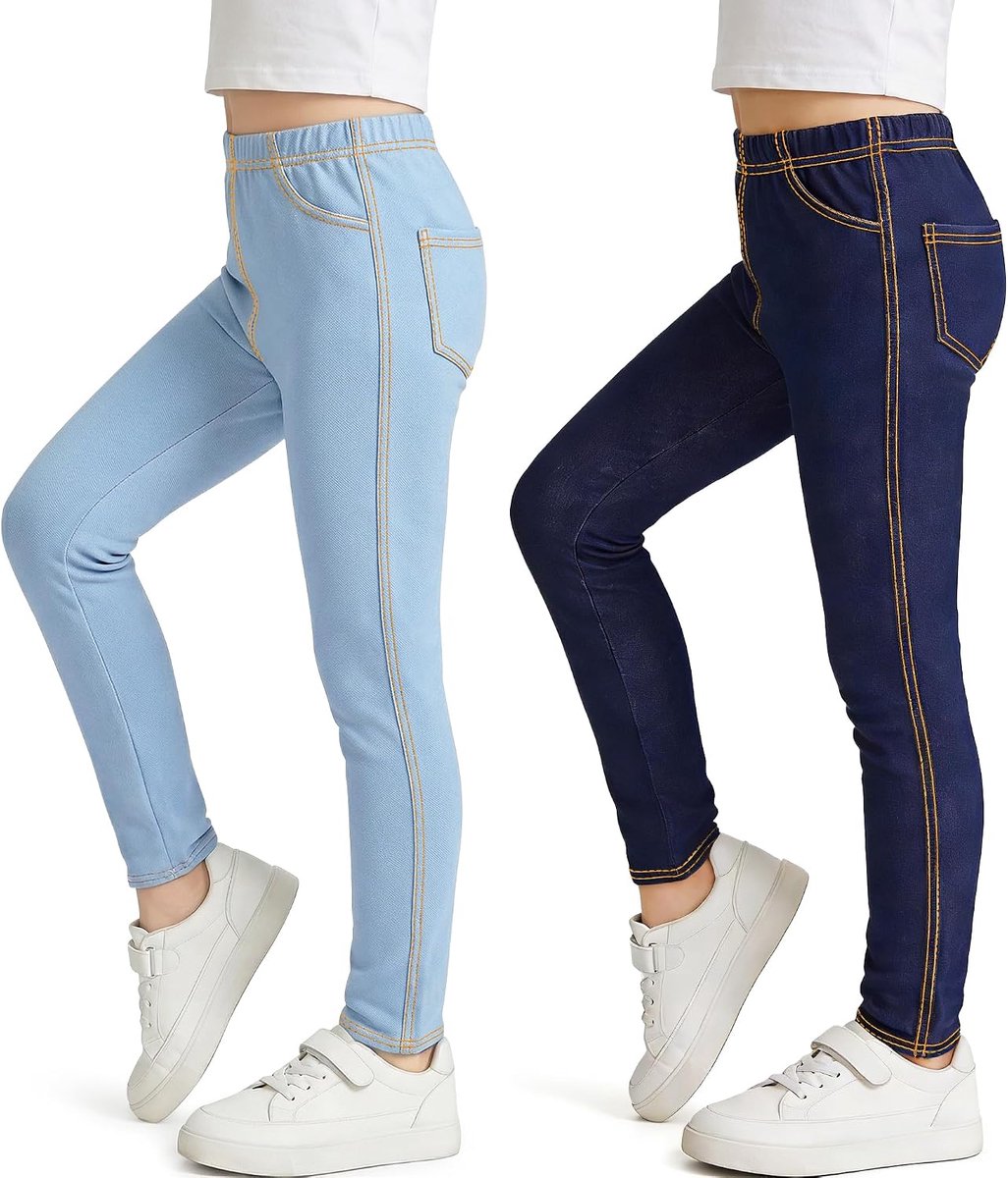Leggings Jeanslook Kinderen Stretch Slim Fit Jeggings, 2-Pak, Hoge Taille Lange Leggings Broeken Zacht Comfortabel Sportbroek met Zakken voor Meisjes Dagelijkse Kleding, 6-13 Jaar