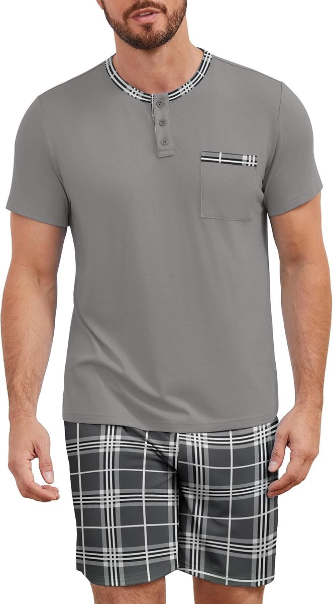Pyjama voor heren, korte pyjama, katoen, tweedelige set, zomer, nachtkleding, korte mouwen, bovendeel en geruite pyjamabroek