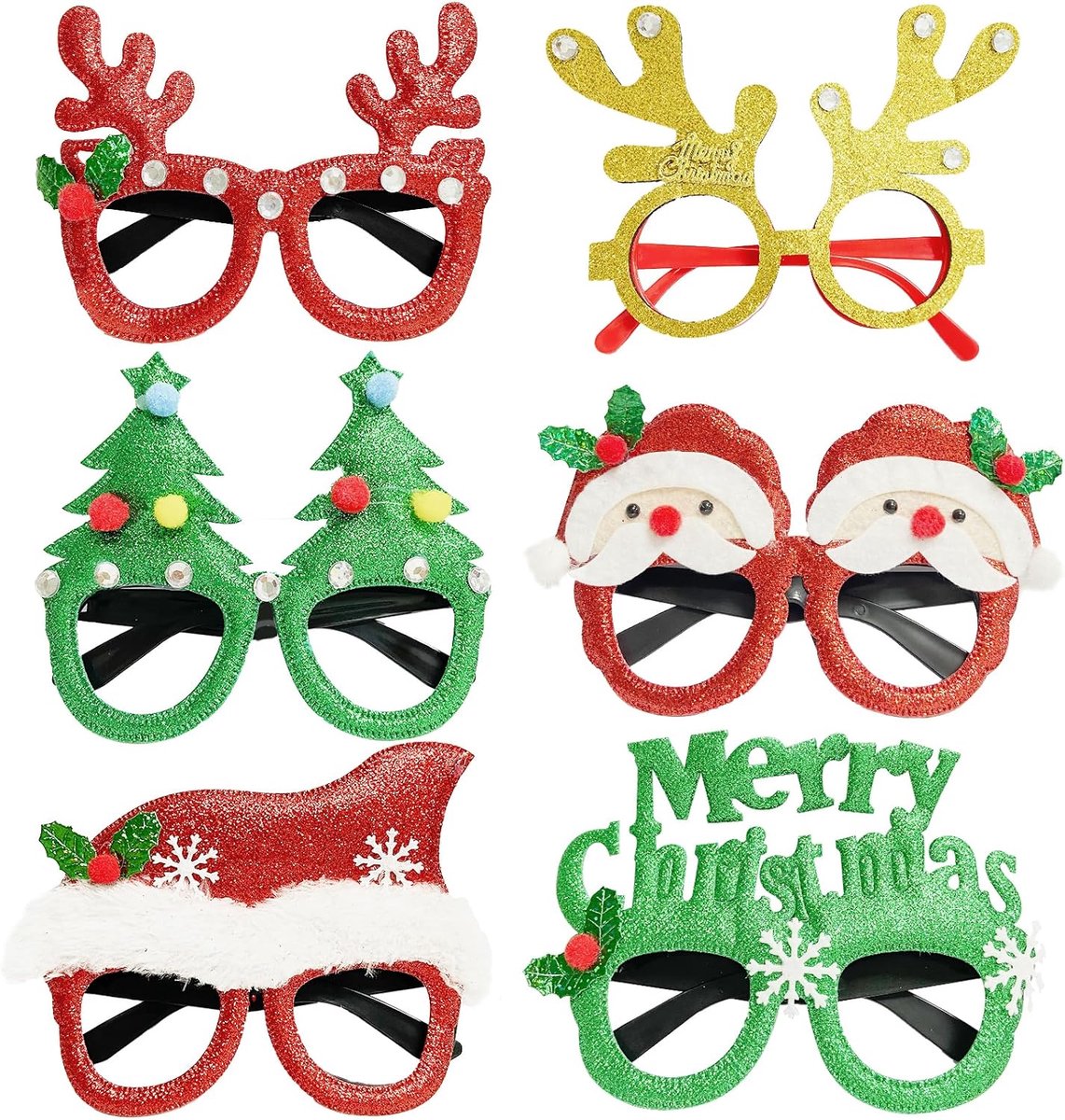 6 stuks kerstbrilmonturen, creatieve feestbrilmonturen met kerstelementen, voor volwassenen en kinderen