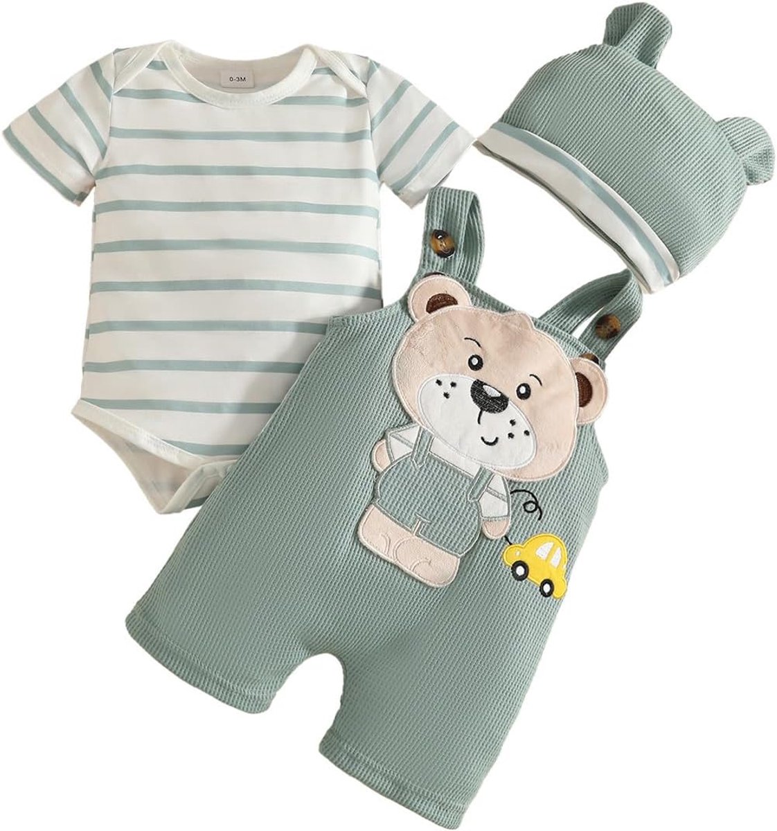 jongens overall set kleding korte mouwen gestreept bovendeel + schattige dierenprint bretels + muts 3 stuks zomer outfit 0-18 maanden