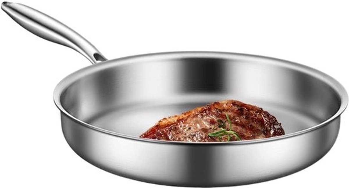 Koekenpan Roestvrij Staal - Wok Pan - Eten Bereiden - Antislip Handvat - 22 cm Doorsnede - Zilver