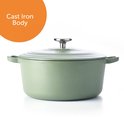 Groene braadpan met deksel, gemaakt van gietijzer.