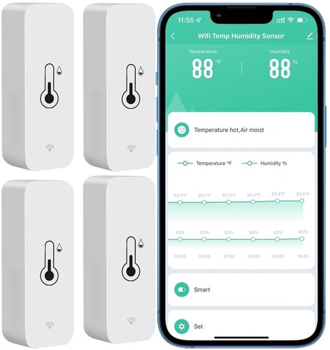 4-Pack WiFi Temperatuur en Vochtigheid Sensor met App Meldingen voor Thuis en Kas