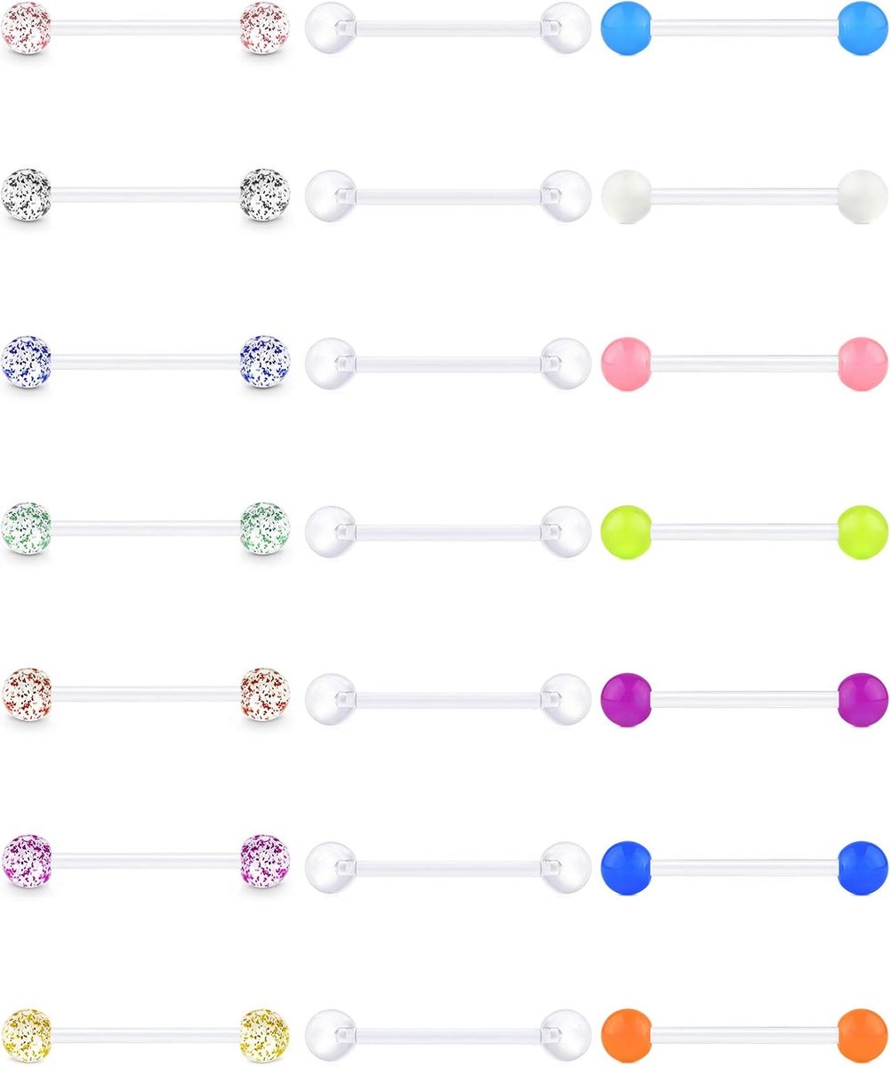 21Pcs Plastic Tong Ringen Bars Set Flexibele Bioflex Acryl Piercing Retainers 12/14/16/18Mm, ['Roestvrij staal', 'Kunststof']