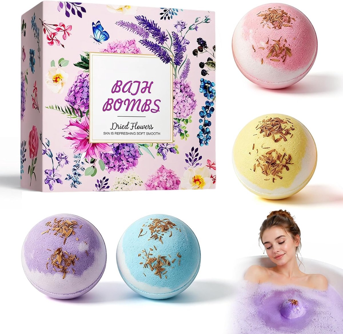 Bomb Gift, Badbommen Set 4 x 100 g met Lavendel Roos Citrus Rozemarijn, voor Volwassenen en Kinderen, Ontspannend Bad met Snel Oplossen en Rijk Schuim