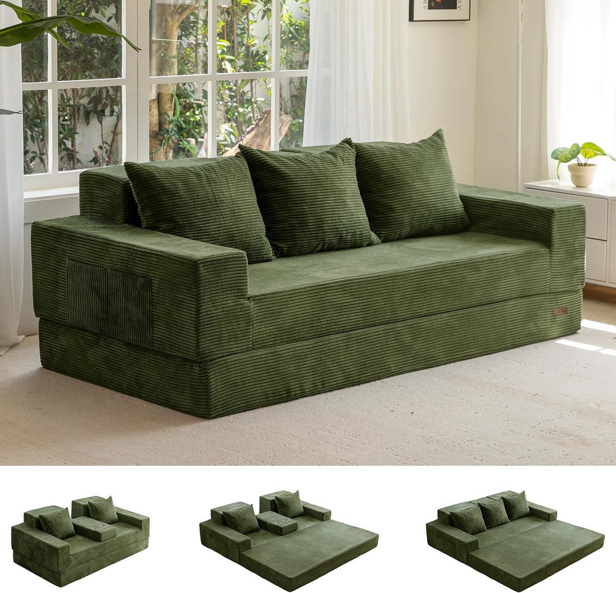 Vouwbankbed, Corduroy Vloer Bank, Cabriolet Slaapbank Met Bekerhouder En Kussen, Luie Compressiebank Voor Woonkamer, Slaapkamer, Logeerkamer
