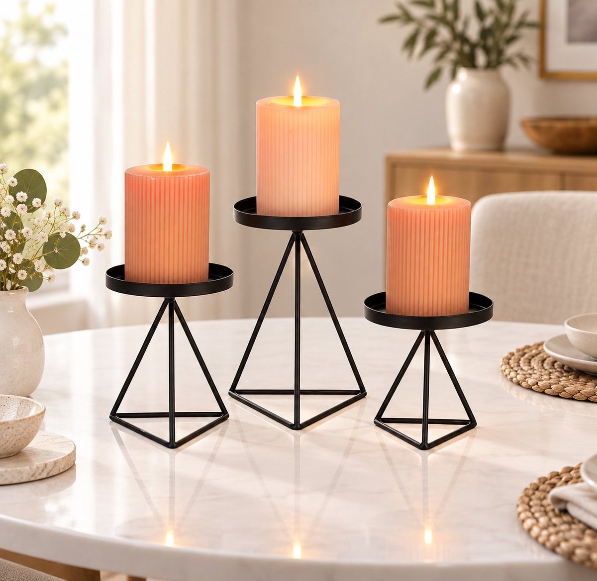 R&H® Set van 3 Zwarte Metalen Draad Kandelaars - Geometrische Vintage Kandelaar voor Pijlerkaarsen - Modern Minimalistisch Design voor Tafel, Dressoir en Openhaard