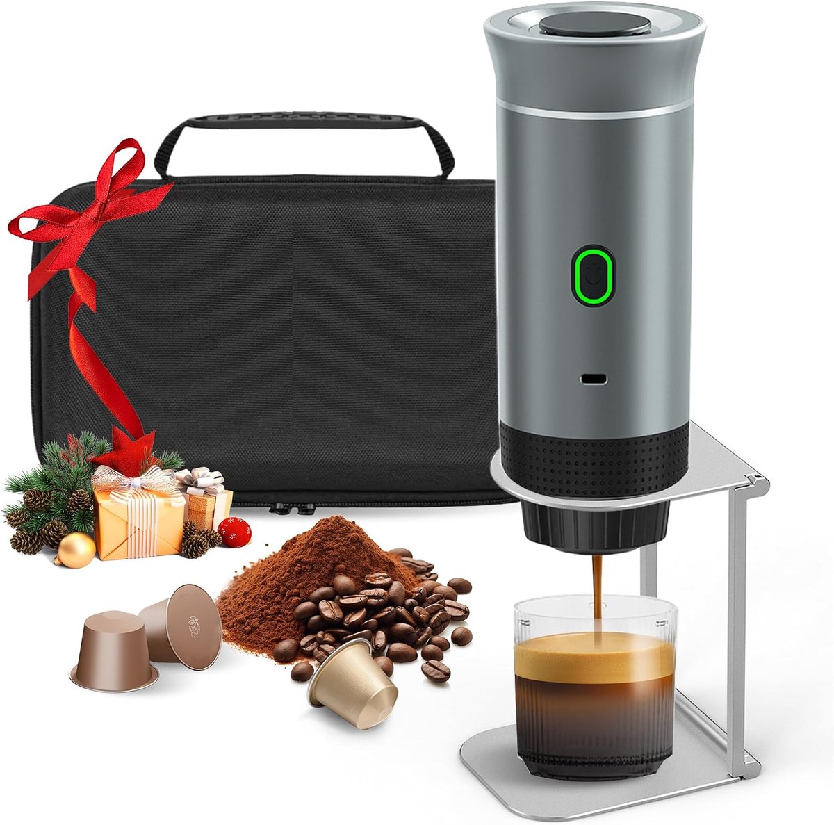 Koffiezetapparaat, 3-in-1 Espressomachine met Standaard en Tas, Oplaadbare Batterij 7500mAh, Compatibel met Capsules en Gemalen Koffie, Voor Reis, Camping, Auto, Kantoor (Zilver)