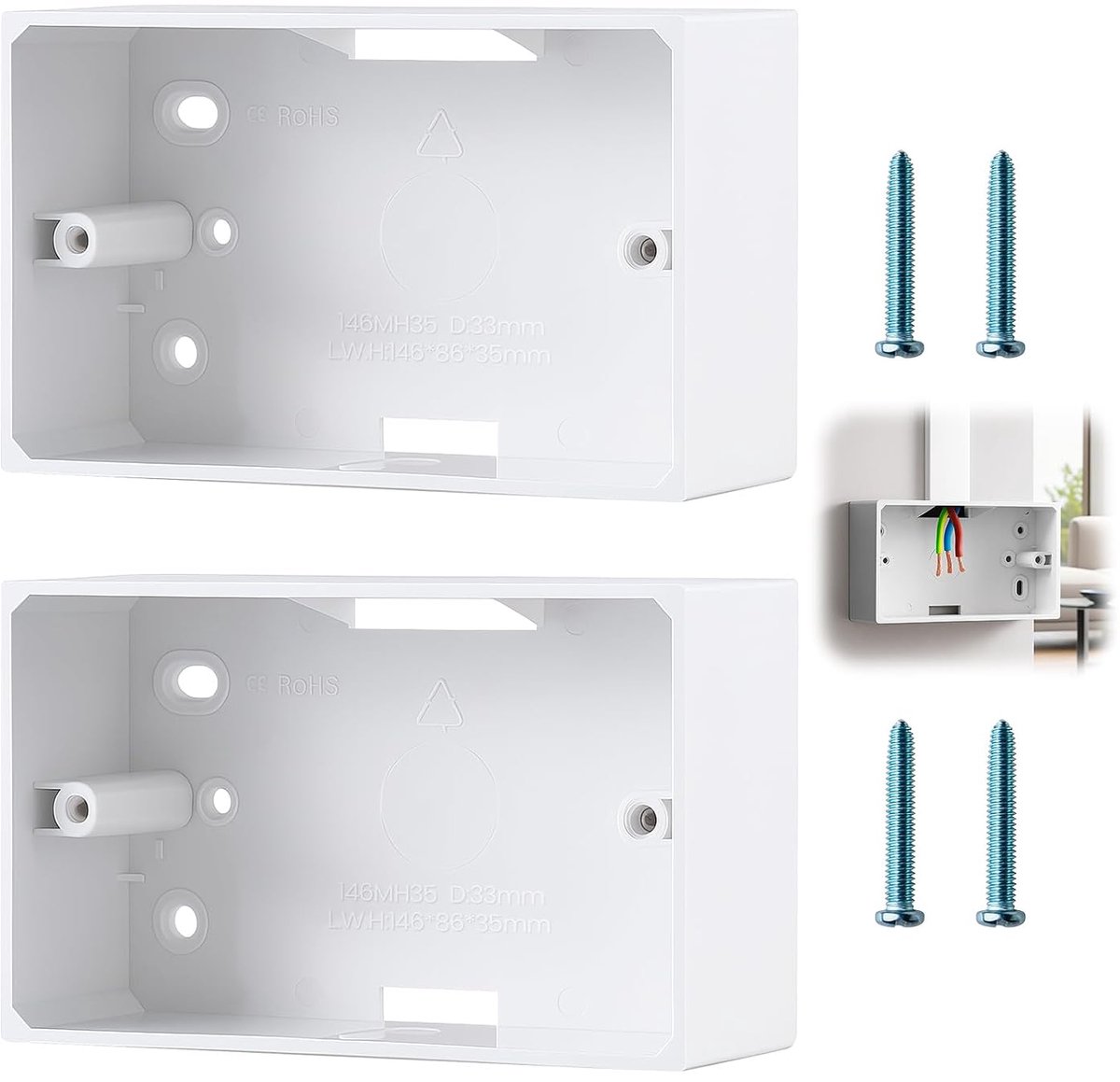 2 Gang Surface Mount Back Box Pattress, wit, 2 stuks - 146 x 86 x 35 mm, duurzame ABS kunststof elektrische en netwerkfrontplaat montageoplossing