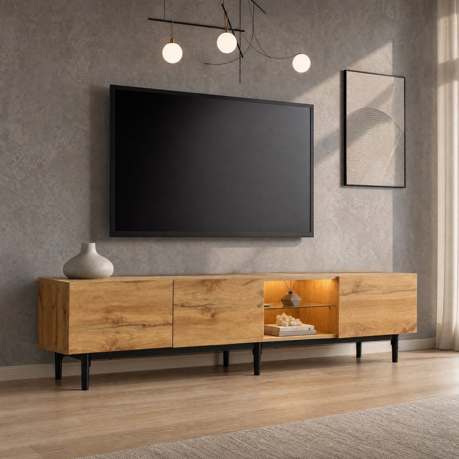 CHICFURN TV-meubel 175 cm - LED-verlichting via app - 3 kasten - woonkamer - MDF - licht eiken