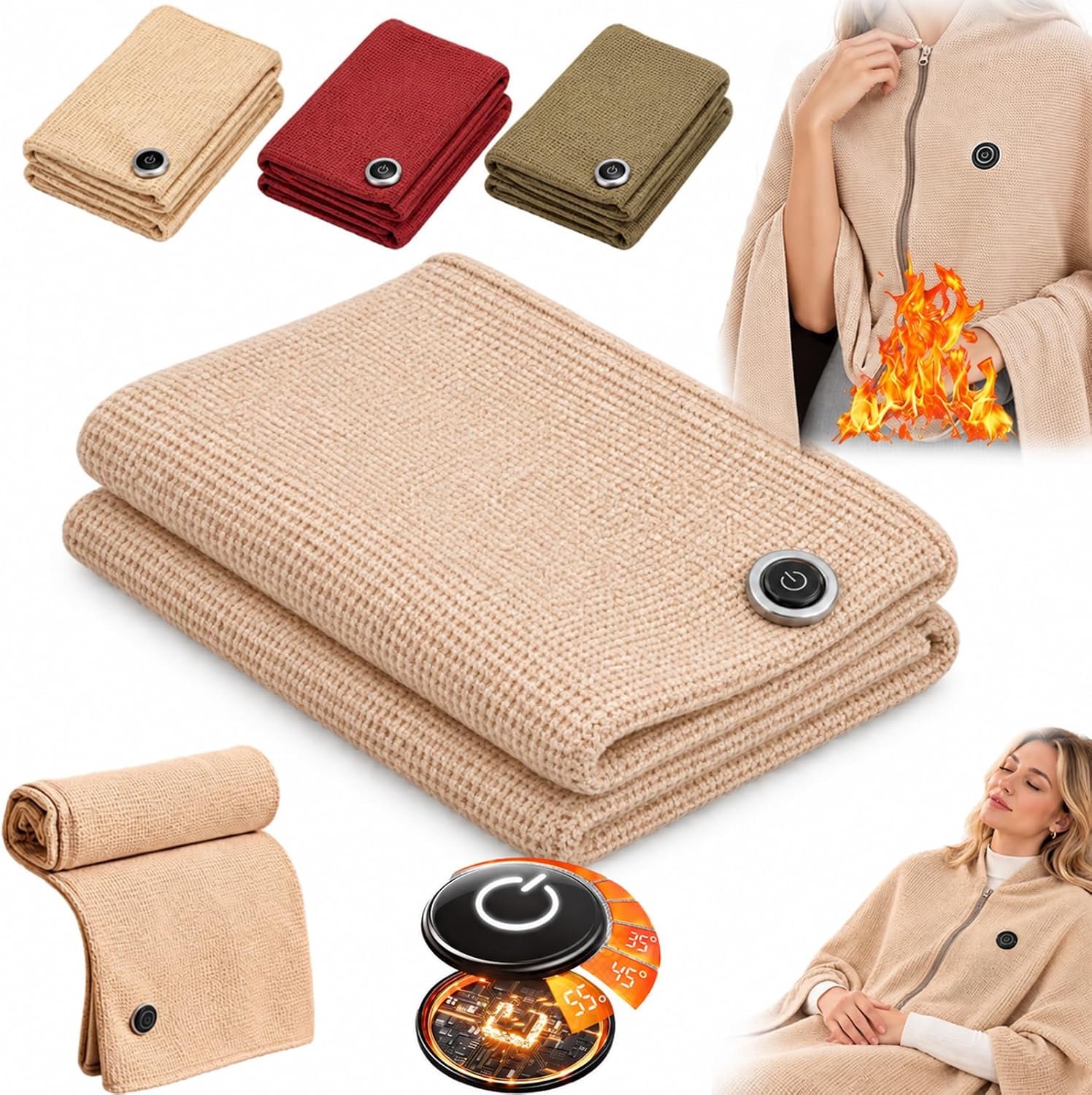 Elektrische deken - Verwarmde Hoodie Deken - Verwarmbare omslagdoek/deken - Oplaadbare verwarmde deken - USB-oplaadbaar - Ritssluiting - Unisex - Geschikt voor gebruik thuis, buiten en op kantoor - Beige - 150x80cm