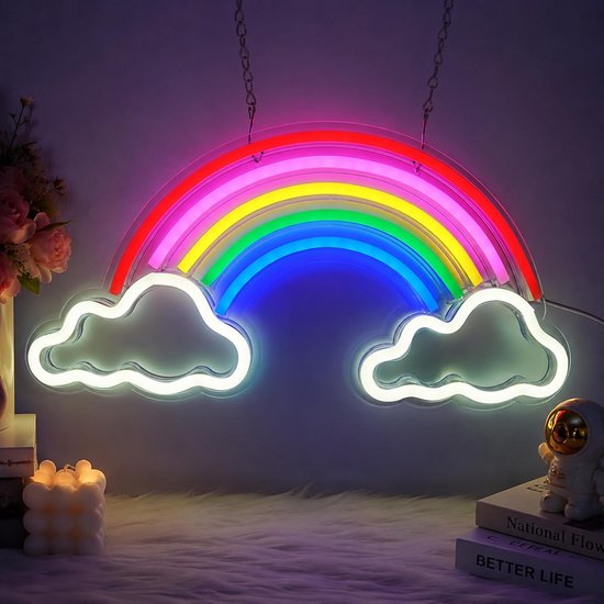 Regenboog Neon Lamp voor de kinderkamer, LED Neon Wandlamp USB met schakelaar, kleurrijk nachtlampje voor meisjeskamer, babykamer en slaapkamer, wanddecoratie 40 x 20,5 cm [Energieklasse A] — afbeelding 5