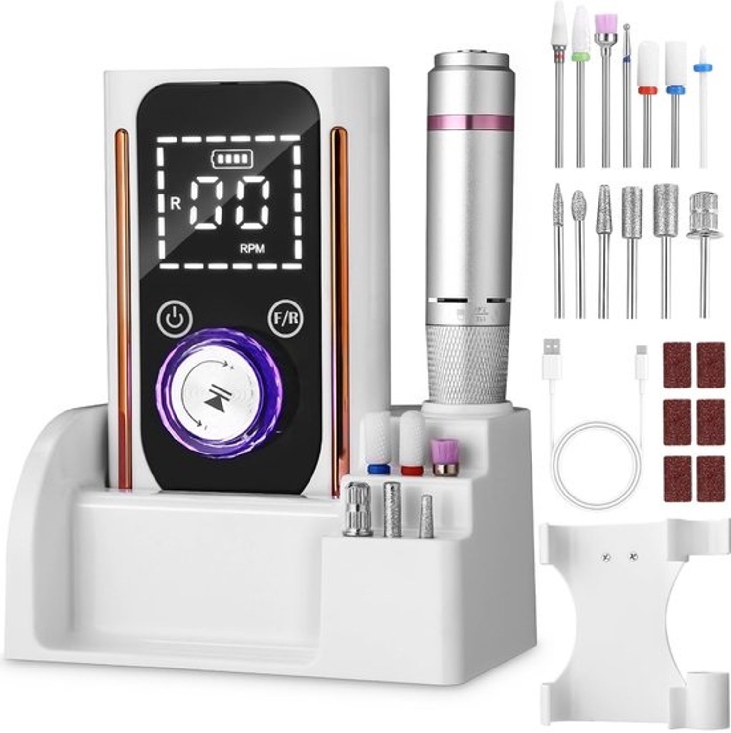 13-in-1 draadloze nagelfrees met oplaadbare accu - Elektrische frees voor professioneel gebruik - Nagelfrees - Gelnagelfrees inclusief standaard - Voor gelnagels en nagellak - Wit