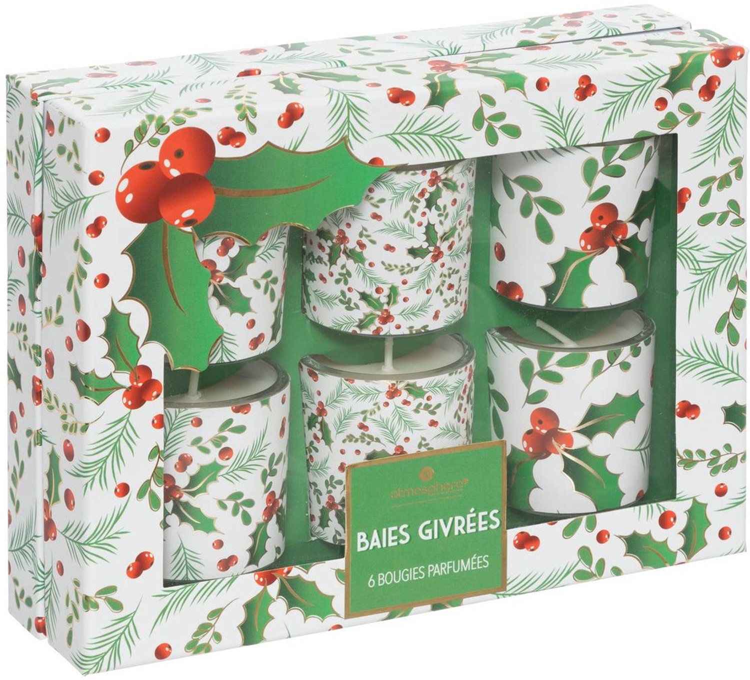 Feeric lights & Christmas Set van 6 geurkaarsen van 40 g in glazen potten met hulstprint Vert