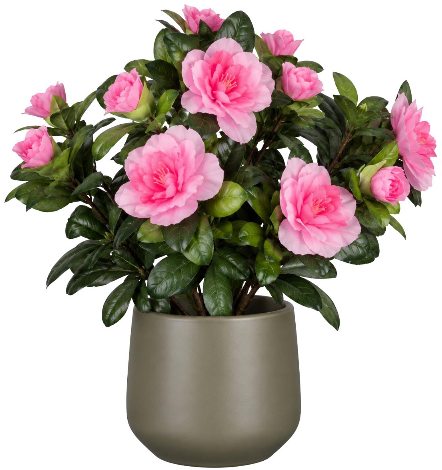 Mica Decorations Kunstplant - Azalea roze - H27 cm - in taupe bloempot - keramiek - complete set van pot en plant - decoratie stuk