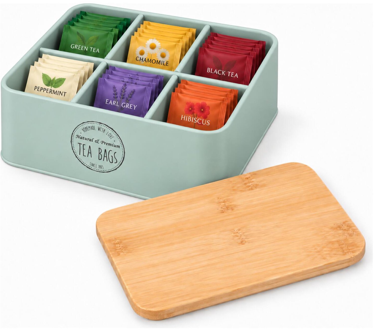 Bellatio Design Theedoos met bamboe deksel - groen - 6 vaks - metaal/hout - 16 x 19 x 8 cm - theebox