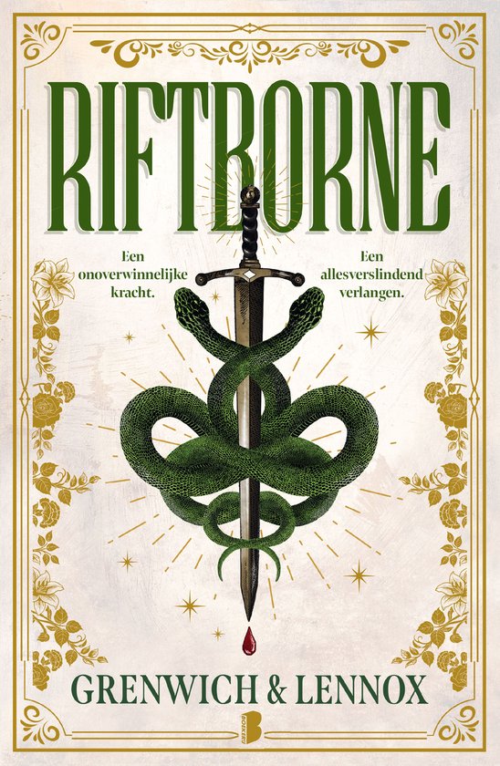 Voorkant van Riftborne met een groen zwaard omwonden door twee slangen en een gouden bloemenrand.