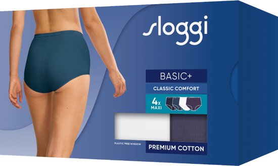 Sloggi Basic+ Maxi onderbroek in blauw en wit, verpakking van 4 stuks in premium katoen.