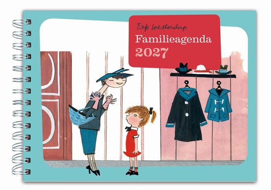 Spiraalgebonden Fiep Westendorp Familieagenda 2027 met illustratie van een vrouw en een meisje in een hal.