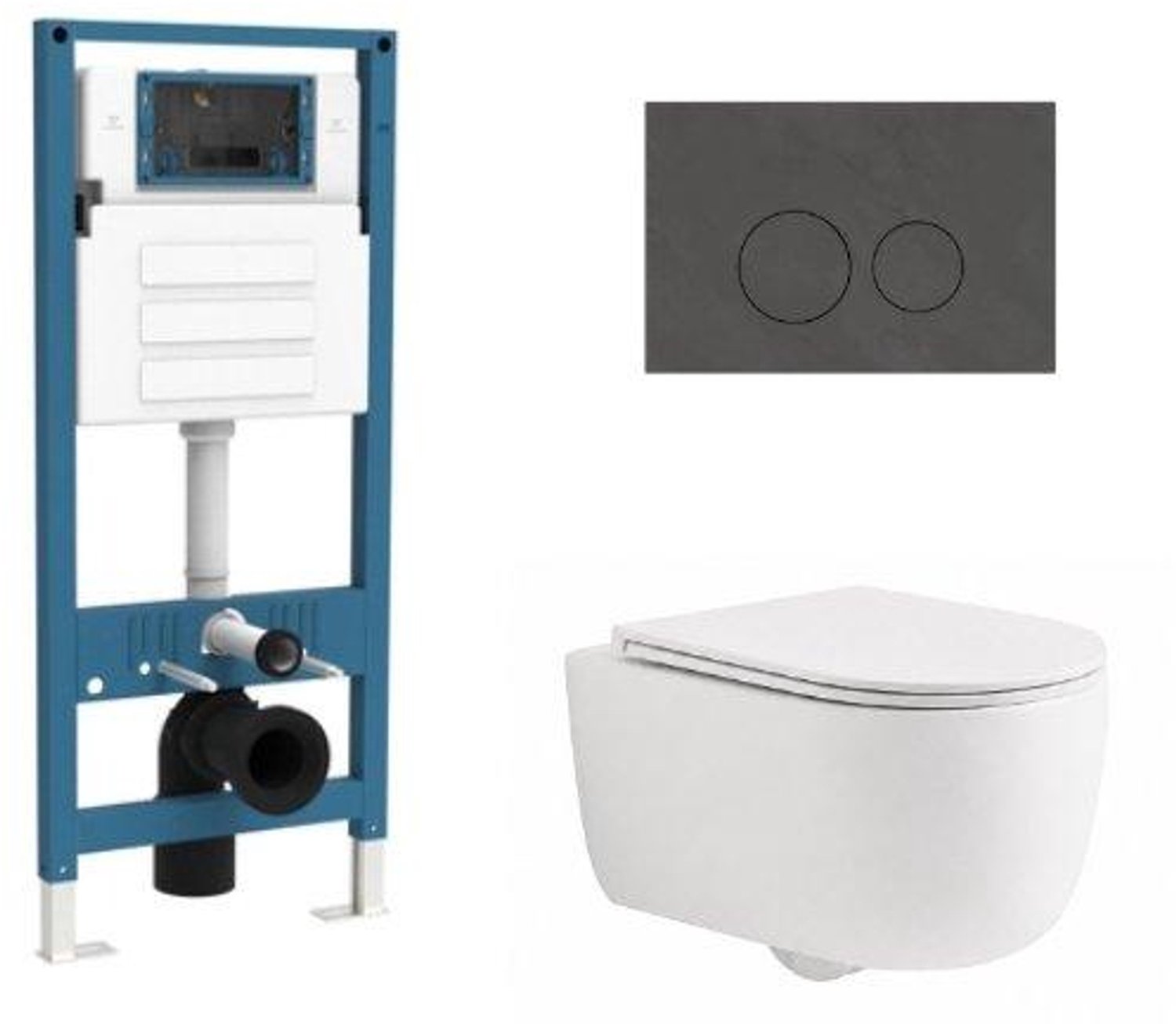 QeramiQ Dely Swirl Toiletset - inbouwreservoir Qeramiq Flush - slim zitting - natuursteen donker marmeren bedieningsplaat - ronde knoppen - mat wit