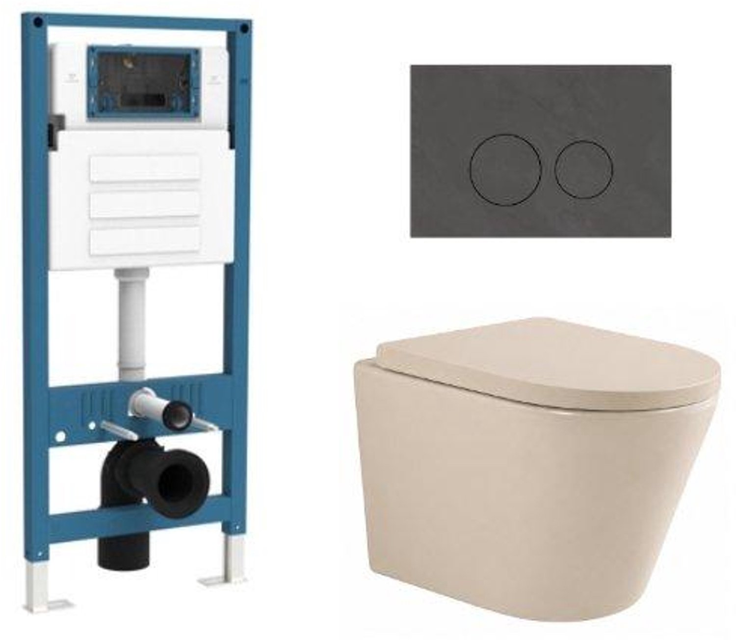 QeramiQ Dely Toiletset - inbouwreservoir Qeramiq Flush - 35mm zitting - natuursteen donker marmeren bedieningsplaat - ronde knoppen - beige