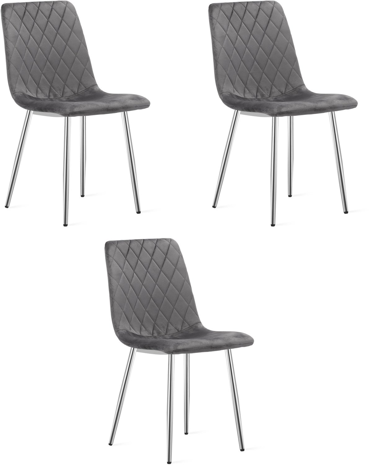 LEOBERT TURIN Eetkamerstoelen – Set van 3 – Grijs Velvet – Metalen Poten – Comfortabele Ergonomische Zitting – Modern Design – Velvet Stoel voor Woonkamer, Keuken en Eetkamer – Max. 110 kg per Stoel