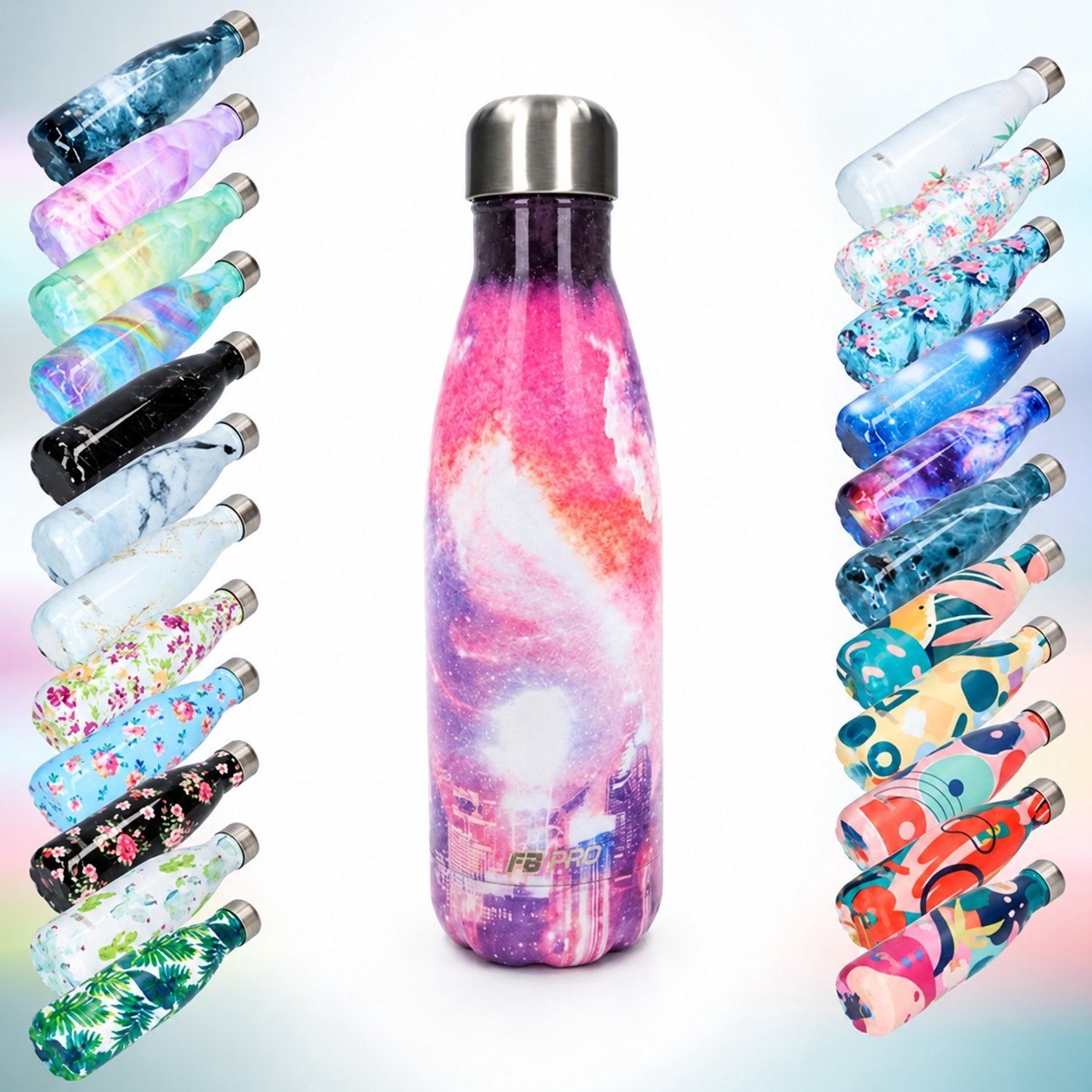 FBFS86, Thermosfles, Drinkfles, Waterfles - Modern & Slank Design - Roze sky wit - 500ml