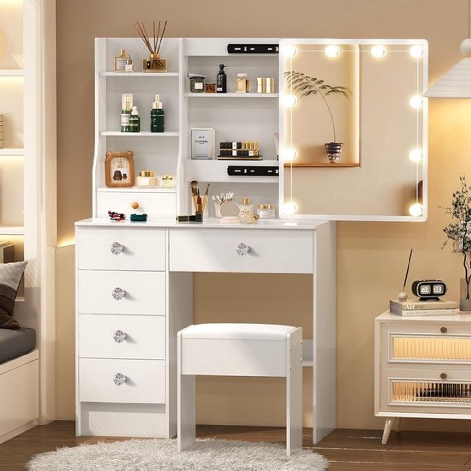 Kaptafel voorzien van verlichting - Make-uptafel met spiegel - Make-up opdoen - 10 ledlampen met dimfunctie - 40 x 100 x 140 cm
