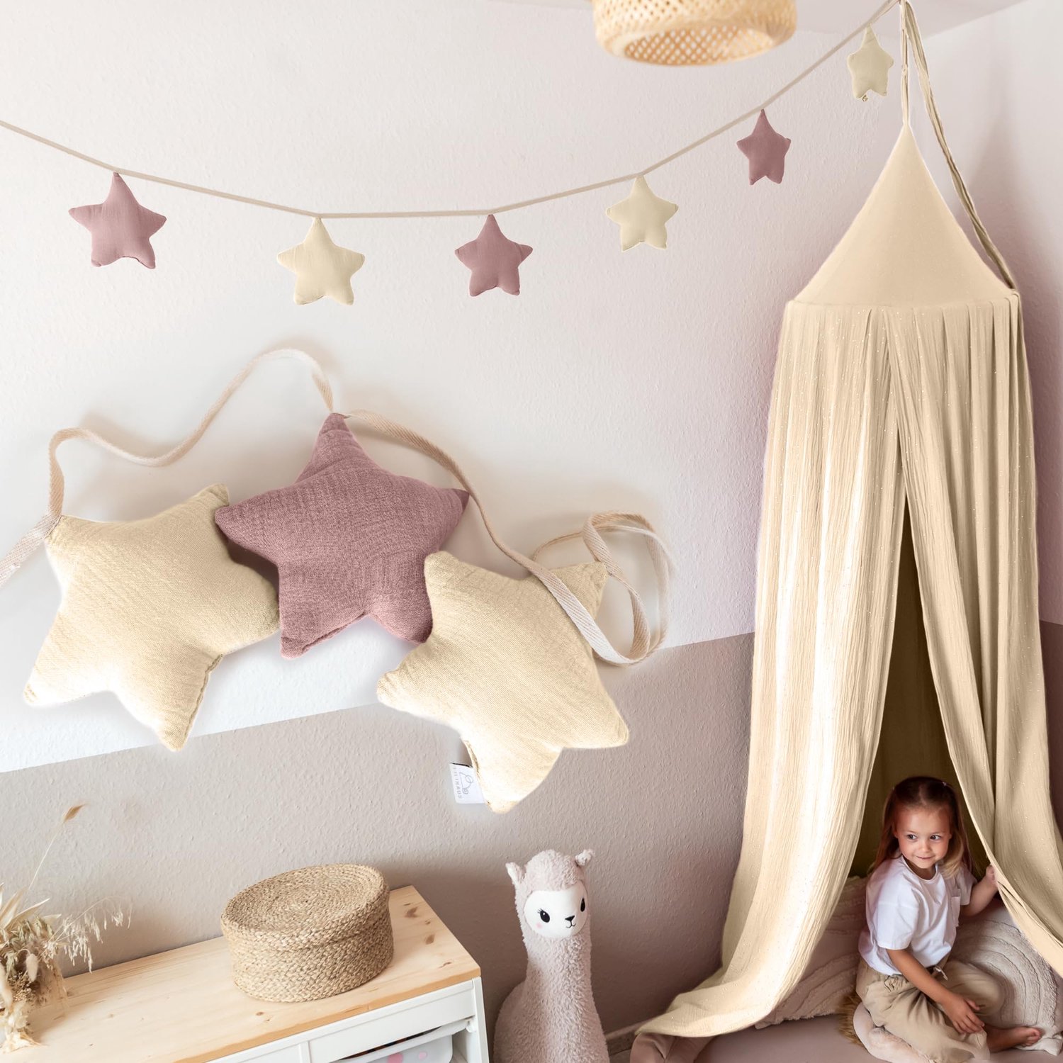 LILIMAUS Sterren slinger kinderkamer - stoffen slinger van mousseline katoen - 300 cm - crème en poederroze