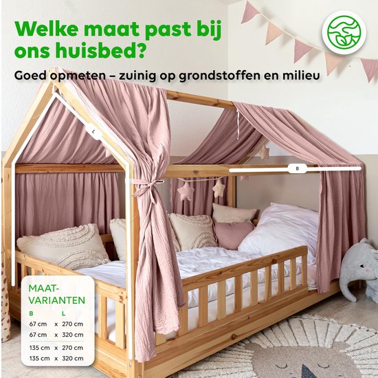 LILIMAUS Huisbed hemeltje met gouden details - bedhemel voor huisbed - 135 x 320 cm - mousseline katoen - poederroze — afbeelding 2