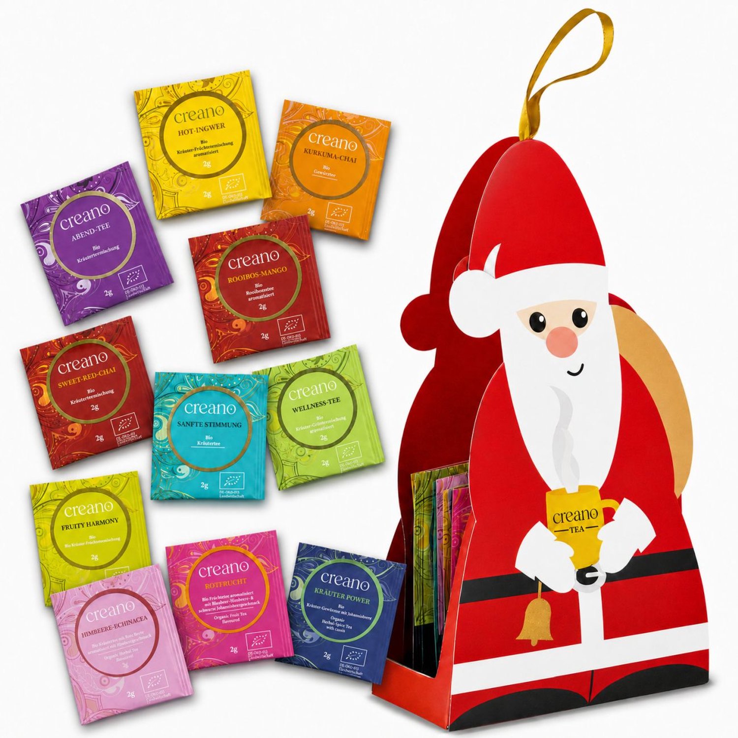 Creano Bio-thee cadeauset Kerstman – 12 theezakjes in 12 soorten, kruiden-, specerijen- en vruchtenthee, 24 g – theedispenser om op te hangen