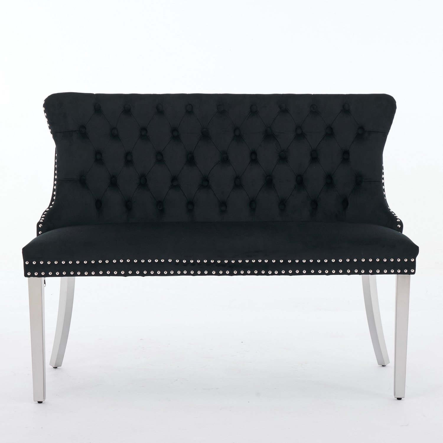 SONNENH Eetbank voor 2 personen - Zwart velvet - Knopenrug en zilverkleurige metalen poten - 116 cm breed Zwart met zilverkleurige poten