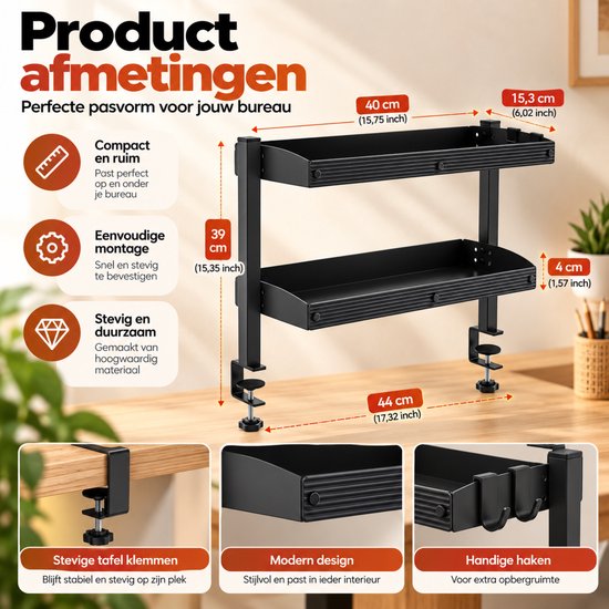 Zwart bureau-opbergrek met klemmen en afmetingen van 44 cm breed en 39 cm hoog.