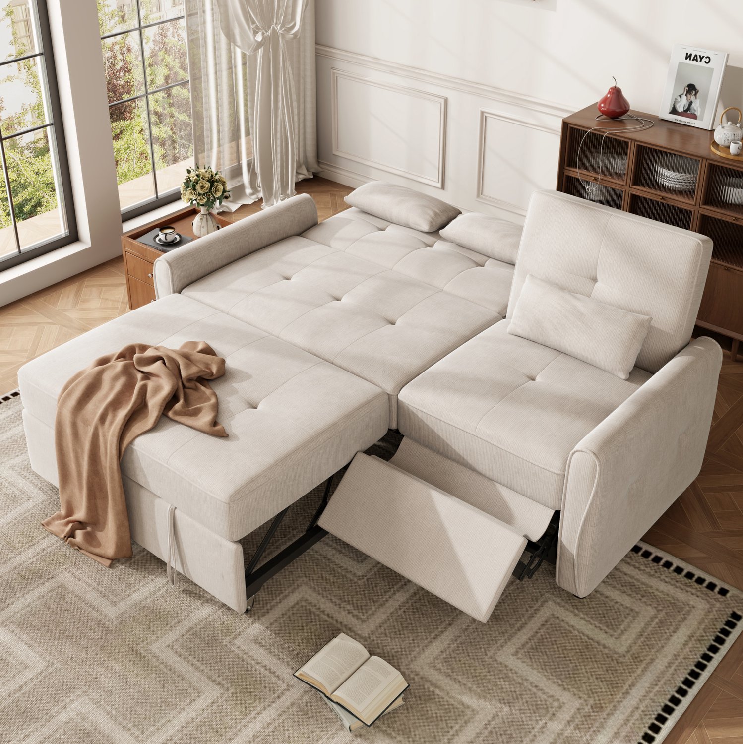 DESMIU Slaapbank 176 x 148 x 83 cm - 3 Zits Uitklapbaar Met Verstelbare Rugleuning - Voor Woonkamer En Gasten - Chenille Beige