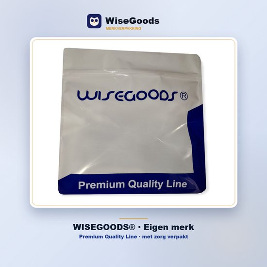 Witte verpakking van WiseGoods met het logo en de tekst Premium Quality Line.
