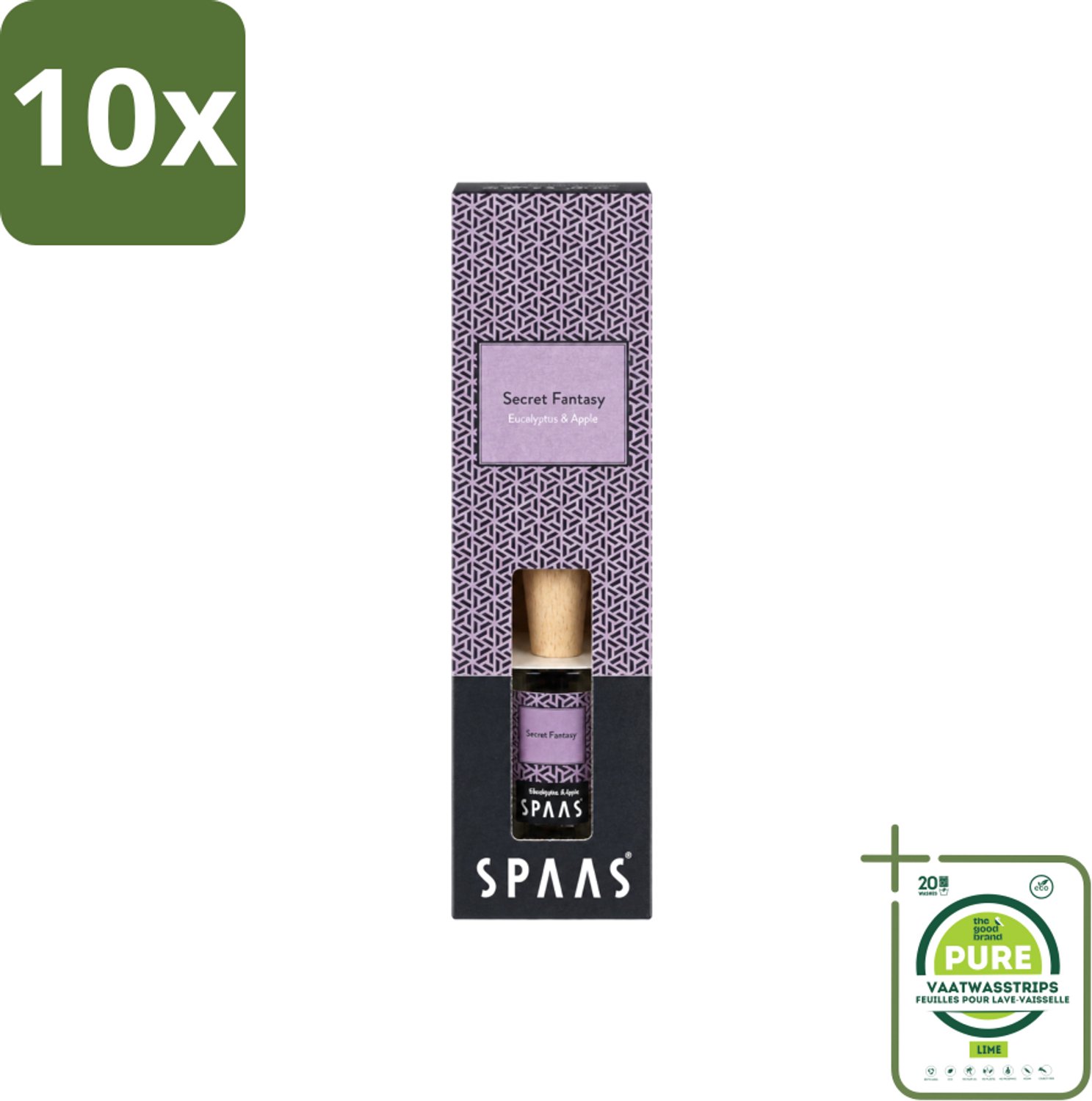 10 x Spaas - Geurstokjes - Secret Fantasy - Eucalyptus En Appel - 80 ml - Grootverpakking - Vaatwasstrips - Geurstokjes - Geurverspreider - Eucalyptus En Appel - Frisse Geur - Natuurlijke Geur