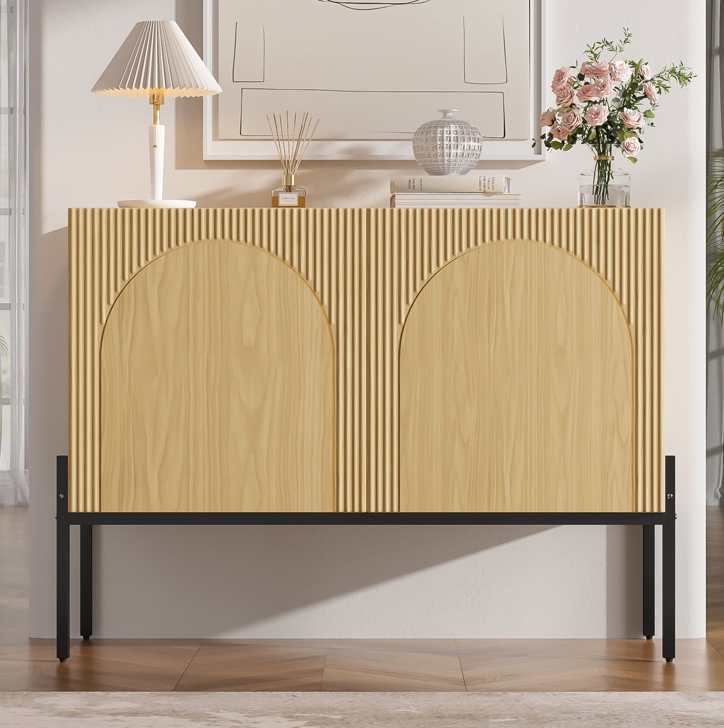 CHICFURN Dressoir - 2 deuren - Opbergruimte - Metalen poten - Naturel