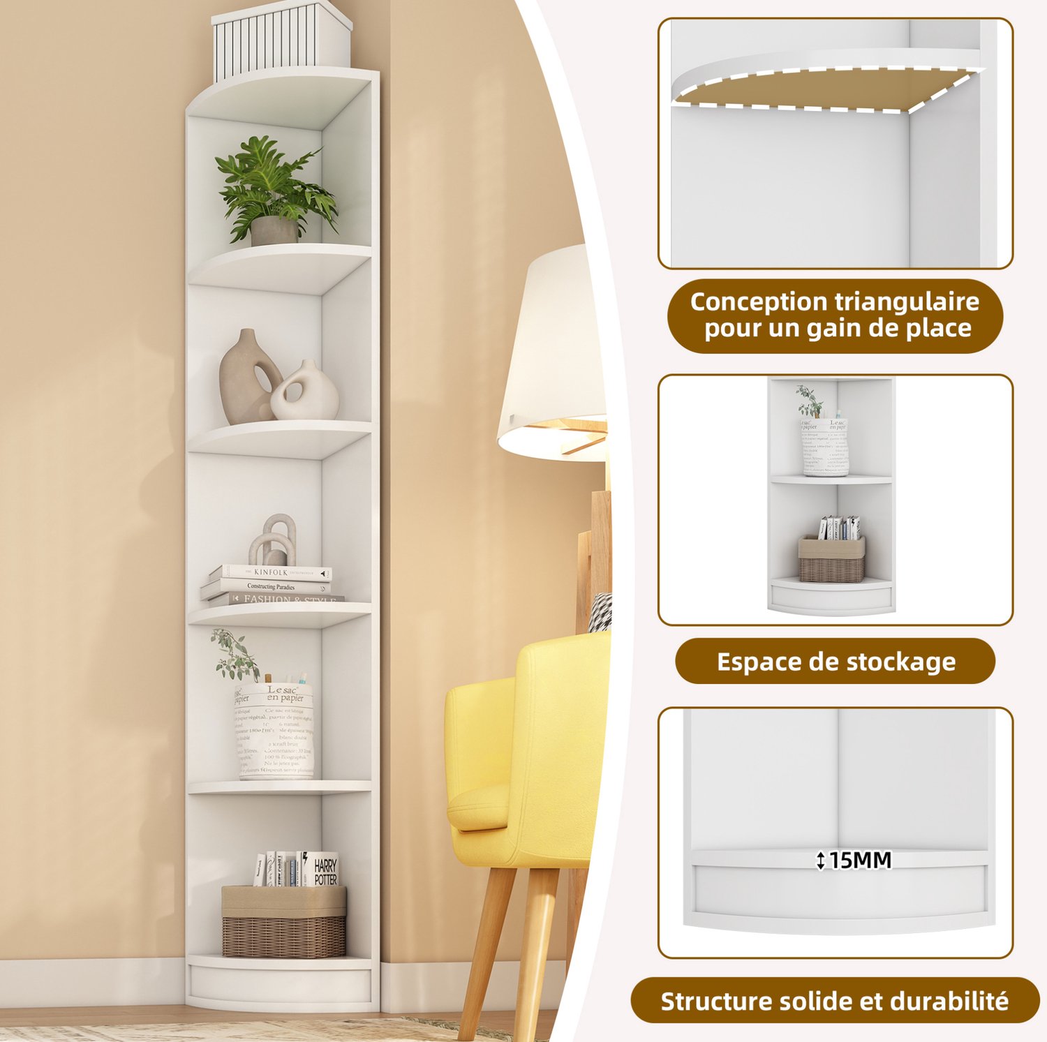 CHICFURN Boekenkast - 5 niveaus - Hoekontwerp - Open kast - Wit