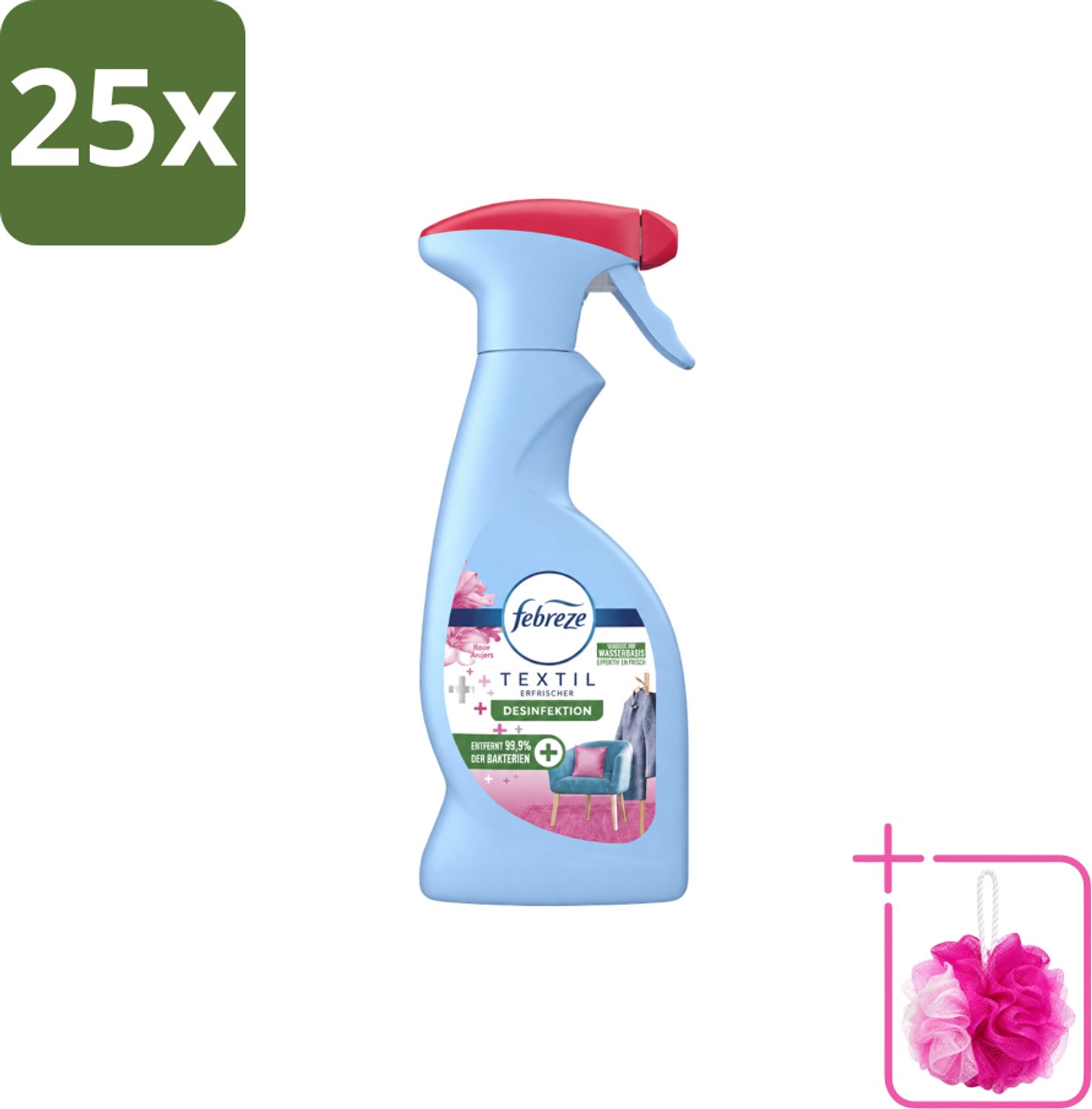 25 x Febreze – Textielspray – Roze Anjers – 375 ml - Bulkverpakking - Textielgeur - Douchemop - Textielverzorging