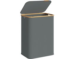 Klarven® Wasmand Bamboe Leigrijs - Wasmand met Deksel - Wasmand 2 Vakken - Wasmand Opvouwbaar - Laundry Basket - Waterafstotende Stof, 140 Liter Inhoud
