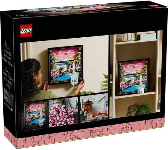 Emballage LEGO présentant une décoration murale en fleurs de cerisier japonaise avec des détails du design 3D.