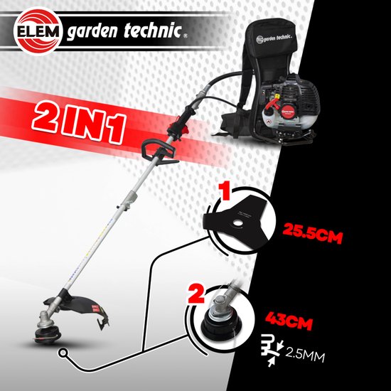 ELEM - Bosmaaier - Motor 52CC - 2 in 1 maaien met spoel 43CM of maaien met mes 25,5CM - Rugzak uitvoering — afbeelding 2