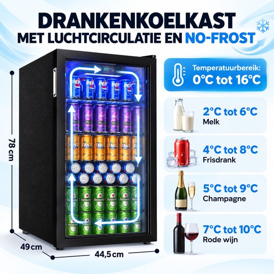 Celestul Drankenkoelkast 90L - Mini Koelkast voor Bier Wijn & Frisdrank - 126 Blikjes - Glazen Deur - LED - Stil - Instelbare Temperatuur - 49×44,5×78cm - Zilver — afbeelding 2